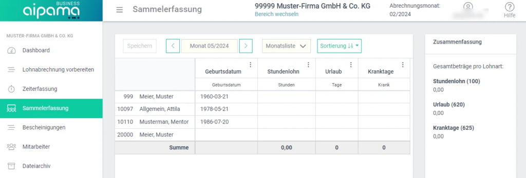 aipama Sammelerfassungsdaten Tabelle
