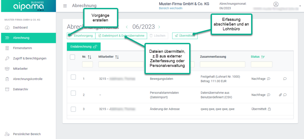 Abrechnung Dashboard Beschreibung